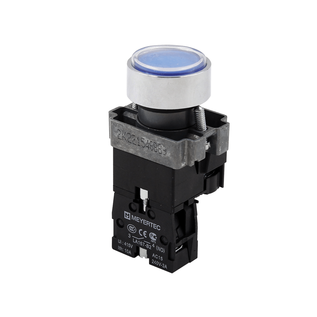 Кнопка плоская синяя с подсветкой, 220V AC/DC, 1NO, IP67, металл