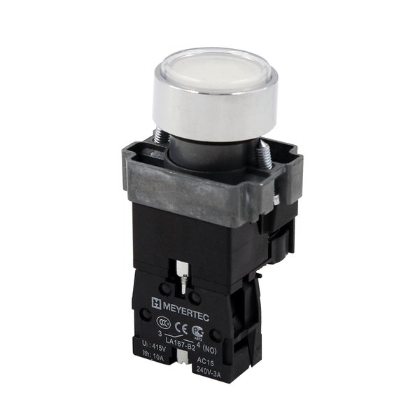 Кнопка плоская белая с подсветкой, 220V AC/DC, 1NO, IP67, металл