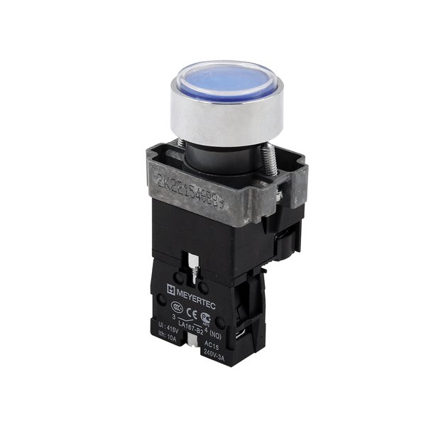 Кнопка плоская синяя с подсветкой, 220V AC/DC, 1NO, IP67, металл
