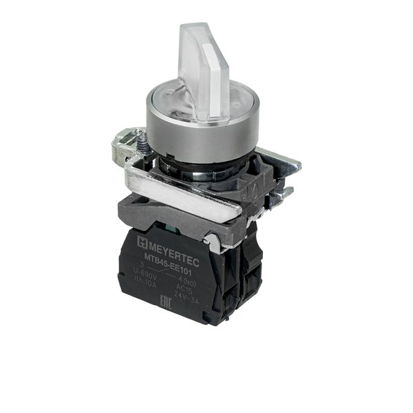 Переключатель 3 положения с фиксацией и подсветкой, белый, 1NO, 24V AC/DC, IP65, металл