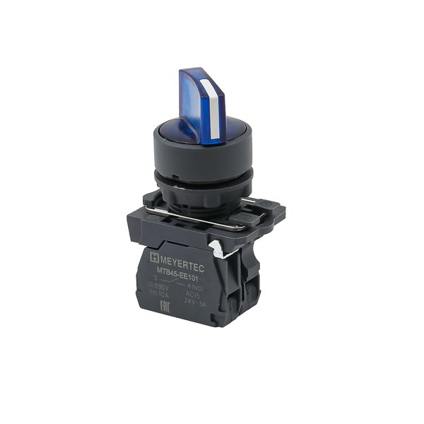 MTB5-AK36711 Переключатель  на 3 положения с фиксацией и подсветкой, синий, 1NO, 24V AC/DC, IP65, пластик Meyertec
