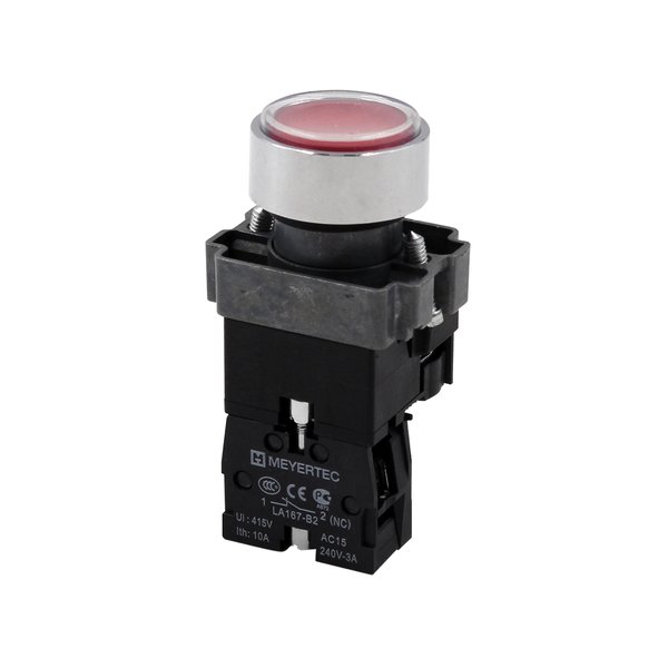 Кнопка плоская красная с подсветкой,  24V AC/DC, 1NС, IP67, металл