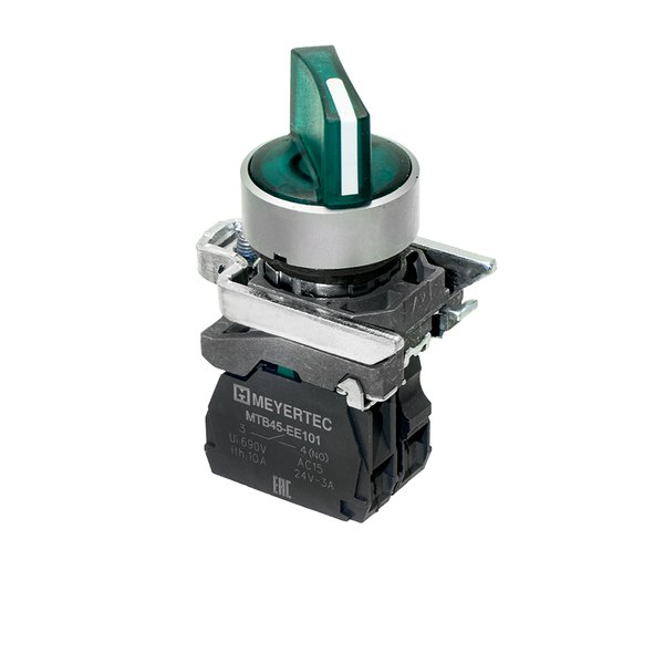Переключатель на 2 положения с фиксацией и подсветкой, зеленый, 1NO, 220V AC/DC, IP65, металл