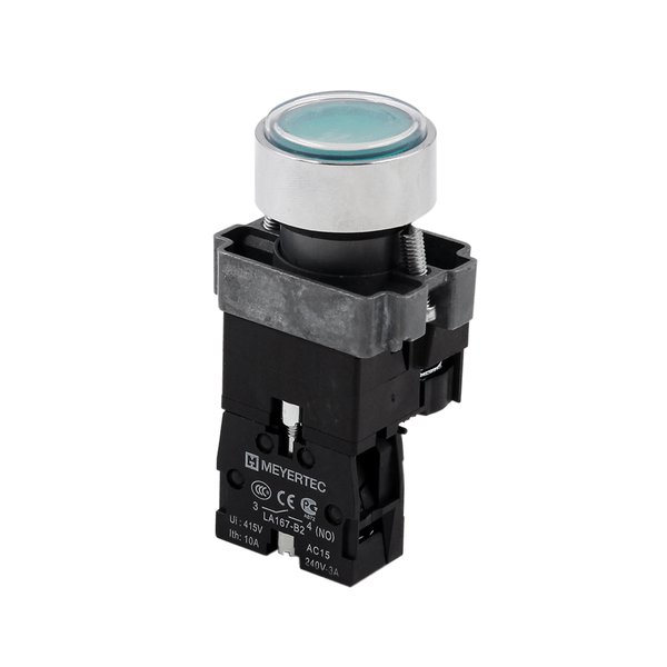 Кнопка  плоская зеленая с подсветкой, 220V AC/DC, 1NO, IP67, металл