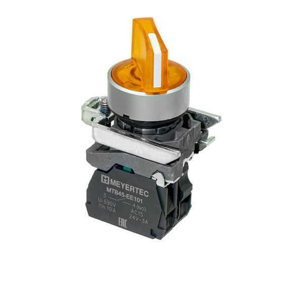 Переключатель на 2 положения с фиксацией и подсветкой, желтый, 1NO, 220V AC/DC, IP65, металл