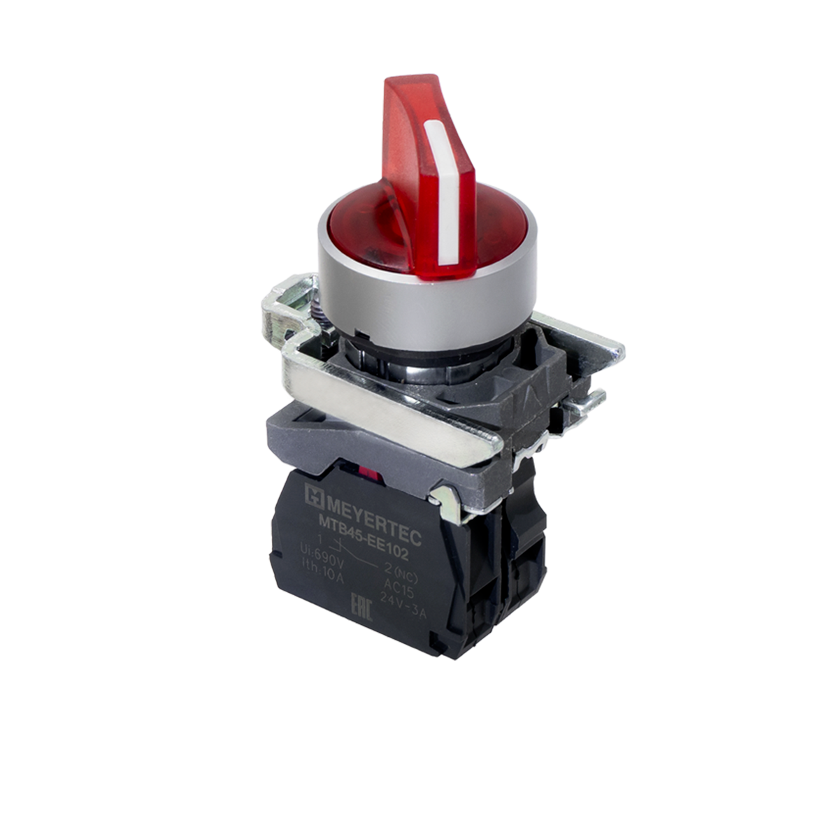 Переключатель  на 2 положения с фиксацией и подсветкой,  красный, 1NС, 24V AC/DC, IP65, металл