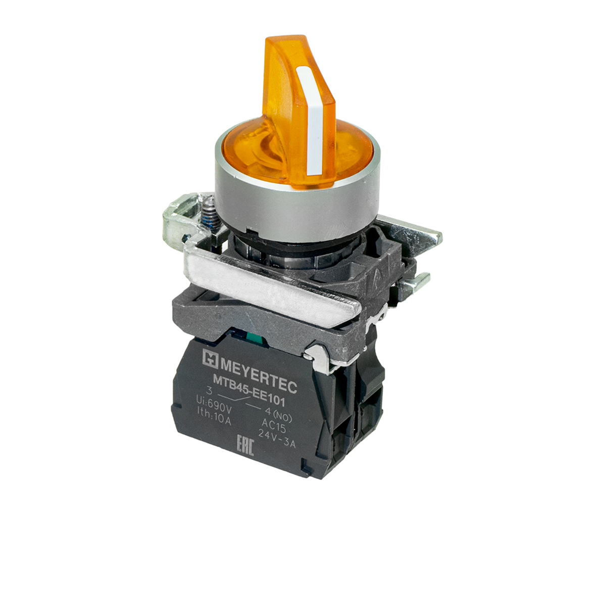 Переключатель  на 2 положения с фиксацией и подсветкой,  желтый, 1NO, 220V AC/DC, IP65, металл