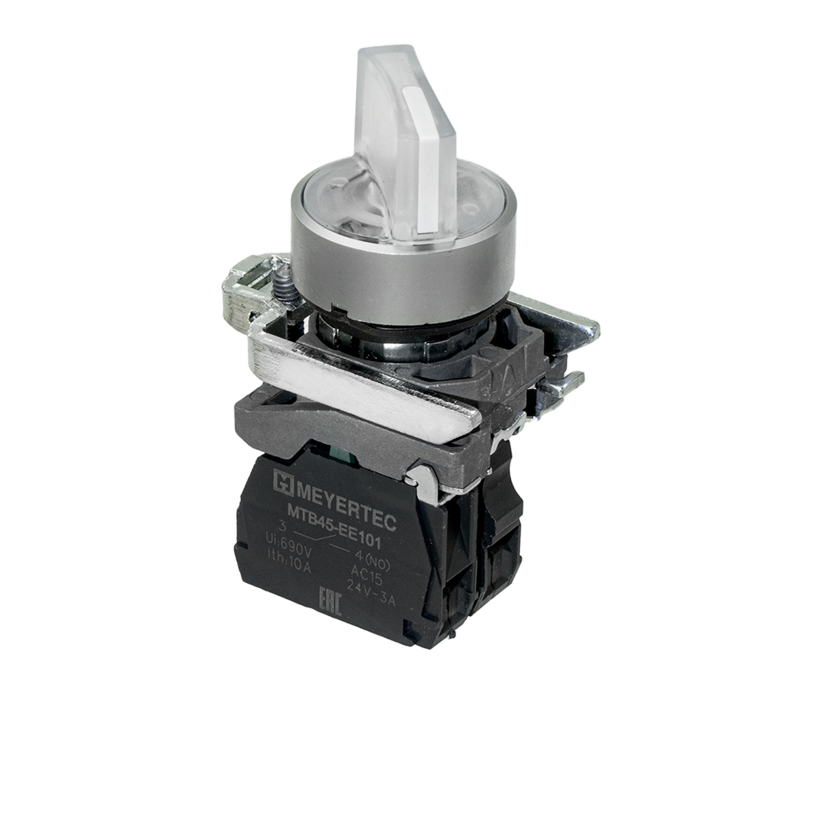 Переключатель  на 3 положения с фиксацией и подсветкой,  белый, 1NO, 220V AC/DC, IP65, металл
