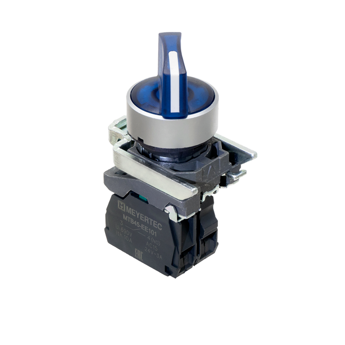 Переключатель  на 3 положения с фиксацией и подсветкой, синий, 1NO, 220V AC/DC, IP65, металл