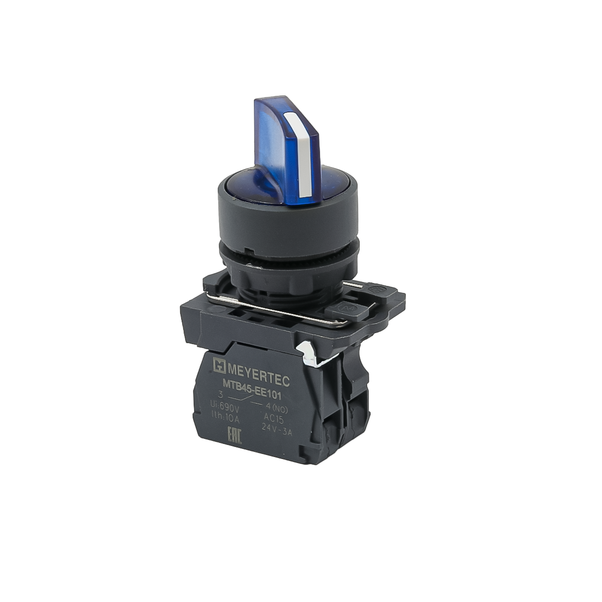 MTB5-AK36711 Переключатель  на 3 положения с фиксацией и подсветкой, синий, 1NO, 24V AC/DC, IP65, пластик Meyertec