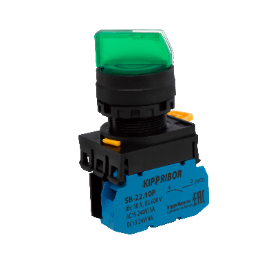 SB-22.S3F.20.G07G Переключатель поворотный с фиксацией и подсветкой, 3 пол., 2NO,  220 V AC/DC, зеленый Кипприбор